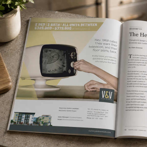 Real estate development marketing brochure open spread with floor plans — Blair and Co. print advertising