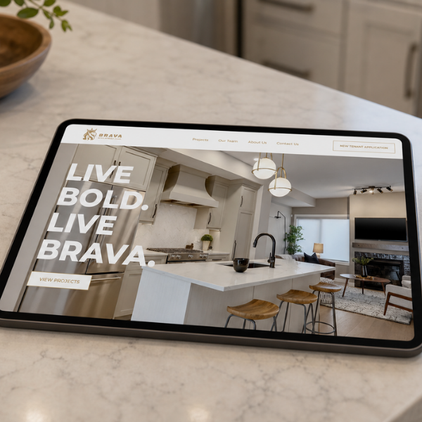Rental apartment developer Brava Live Bold real estate development website design on ipad — Blair and Co. website development Calgary