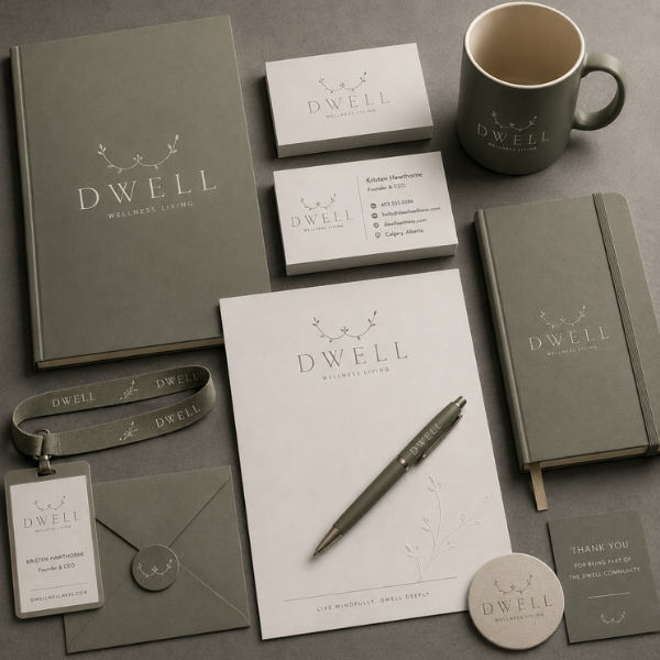 Dwell brand identity stationery and collateral design — Blair and Co. branding and logo development Calgary Townhome sales New community marketing