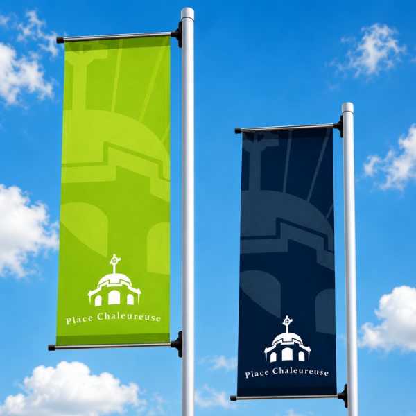 Real estate development outdoor feather banner signage — Blair and Co. real estate signage and advertising Beaumont Alberta