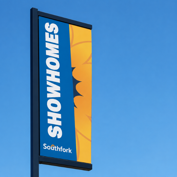 Showhomes real estate development outdoor advertising signage — Blair and Co. real estate signage Leduc Alberta Community Developer signage