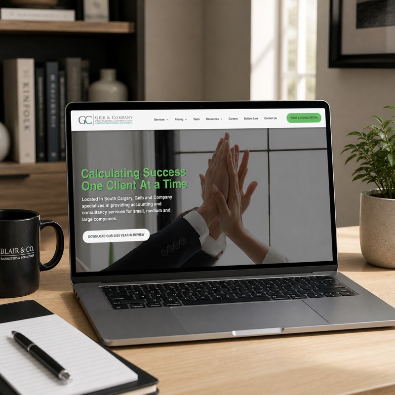Accountant Geib and Co website design displayed on laptop — Blair and Co. website development Calgary