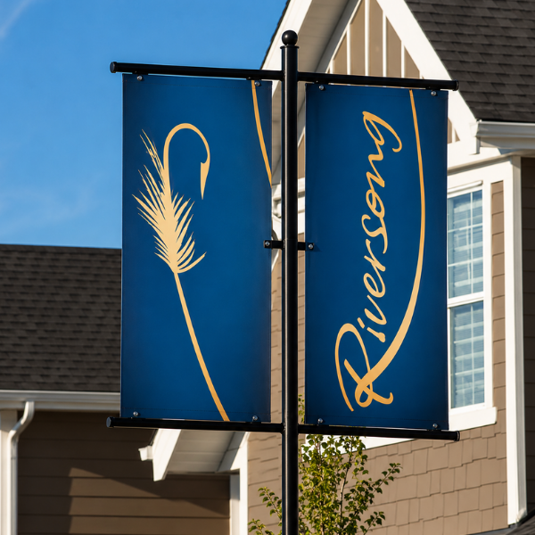Riversong in Cochrane real estate development outdoor banner signage — Blair and Co. real estate signage and advertising