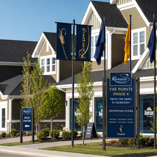 Riversong development in Cochrane site signage show home garage — Blair and Co. rental marketing agency Edmonton