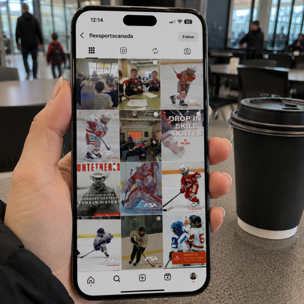 Private school hockey sport program social media content feed displayed on iPhone — Blair and Co. social media management