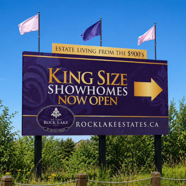 King Size Showhomes Now Open real estate outdoor advertising signage — Blair and Co. real estate signage Calgary