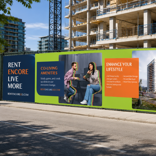 Calgary rental project, University District outdoor advertising and site signage — Blair and Co. real estate lease-up marketing